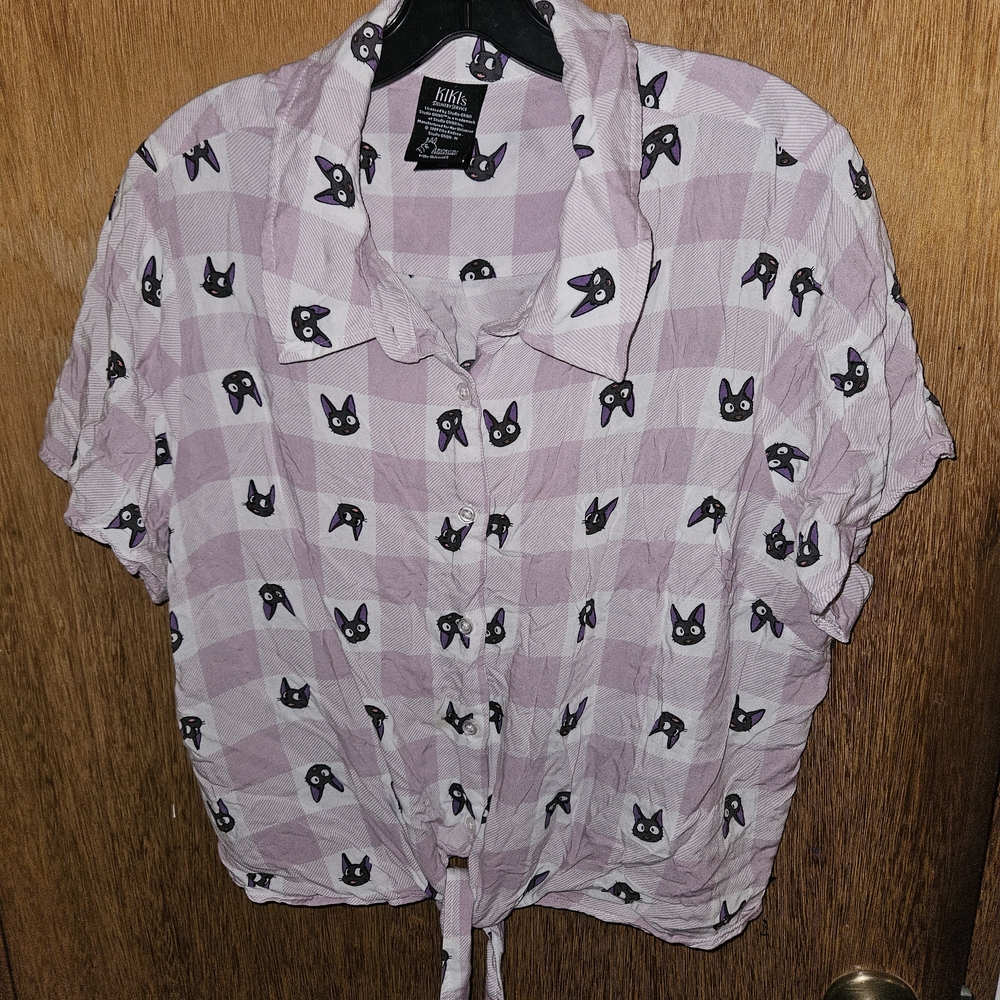 Her Universe Lilac Plaid Kiki's Delivery Service Cat Print Shirt, Size 3X